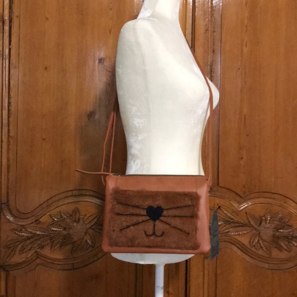 Leather (faux) Crossbody with Furry Face Detail